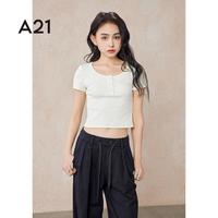 A21女装短袖t恤女夏季纯欲风设计感小个子纽扣内搭上衣 米杏 M