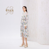 鄂尔多斯1980花漾系列 弹力斜纹绸花卉桑蚕丝连衣裙 白底花 S 155/80A