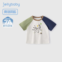 JELLYBABY儿童夏季薄款运动上衣2025新品夏款男女小童圆领撞色印花短袖T恤 米白1 100 CM