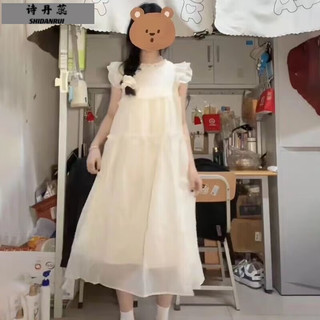 诗丹蕊夏季法式茶歇圆领小飞袖连衣裙女小众清新减龄宽松显瘦背心裙 杏色连衣裙 均码【可备注码数】