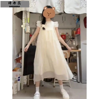 诗丹蕊夏季法式茶歇圆领小飞袖连衣裙女小众清新减龄宽松显瘦背心裙 杏色连衣裙 均码【可备注码数】