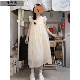 诗丹蕊夏季法式茶歇圆领小飞袖连衣裙女小众清新减龄宽松显瘦背心裙 杏色连衣裙 均码【可备注码数】