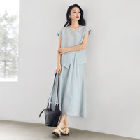 对白莱赛尔亚麻混纺衬衫套装裙女2025夏半裙高级感穿搭一整套 浅蓝色 L