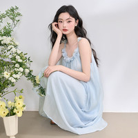 西遇薄纱吊带连衣裙女2025年夏立体花朵蓝色度假风沙滩裙 蓝色 M