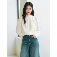 太平鸟女装衬衫法式荷叶边长袖春季内搭光泽感衬衣百搭 米色 M