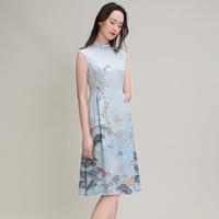 【重磅桑蚕丝】女款桑蚕丝立领印花无袖国风新中式连衣裙