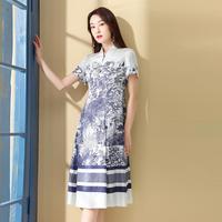 【桑蚕丝花萝】女春夏国风款钉珠烫钻印花桑蚕丝连衣裙