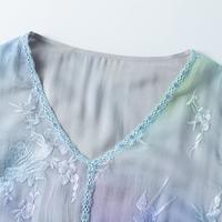 【520】夏桑蚕丝V领印花五分袖花边优雅减龄女真丝连衣裙