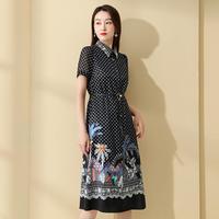 【19姆米弹力缎】春夏女翻领收腰桑蚕丝印花连衣裙