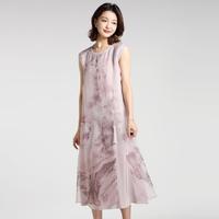 【100%桑蚕丝】女款春夏圆领无袖侧开叉流苏真丝连衣裙