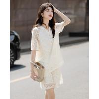 德玛纳 dme【蕾丝不踩雷】夏季连帽花边织带上衣镂空提花裤子套装女式两件套