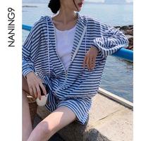 【度假系列 系列 随性撞色条纹套装 外套&短裤遮阳】夏两件套