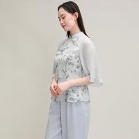 【100%桑蚕丝】春夏女立领五分袖印花真丝衬衫上衣