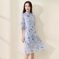 【100%桑蚕丝】女春夏国风钉珠烫钻立领真丝连衣裙