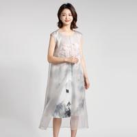 【100%桑蚕丝】女款圆领无袖印花双层真丝连衣裙