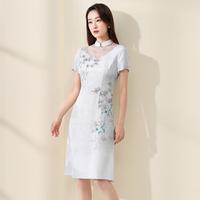 【重磅桑蚕丝】女春夏国风立领钉珠烫钻桑蚕丝连衣裙