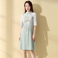【重磅桑蚕丝】女春夏国风翻领烫钻印花桑蚕丝连衣裙