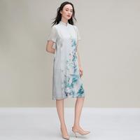 【重磅桑蚕丝】春夏女立领烫钻印花桑蚕丝国风新中式连衣裙