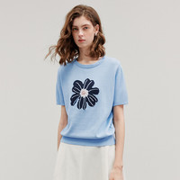 初语绿绒蒿提花针织衫女2025夏季植物系撞色清新短袖小衫上衣 天蓝色 S