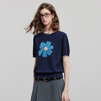初语绿绒蒿提花针织衫女2025夏季植物系撞色清新短袖小衫上衣 深蓝色 M