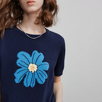 初语绿绒蒿提花针织衫女2025夏季植物系撞色清新短袖小衫上衣 深蓝色 S