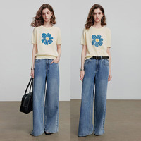 初语绿绒蒿提花针织衫女2025夏季植物系撞色清新短袖小衫上衣 米杏色 S