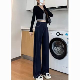 俞兆林深蓝色软牛仔裤女夏季2025年新款窄版直筒阔腿裤高腰显瘦镰刀裤   建议【118-140斤】