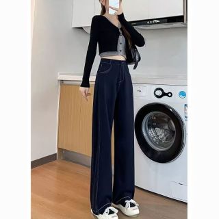 俞兆林深蓝色软牛仔裤女夏季2025年新款窄版直筒阔腿裤高腰显瘦镰刀裤   建议【118-140斤】