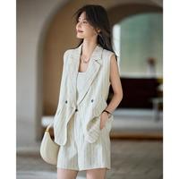 【亚麻条纹套装女】25春夏高级感简约风无袖西装短裤两件套