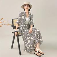 【天丝亚麻小众印花休闲套装】25夏时尚设计衬衫压褶半裙两件套
