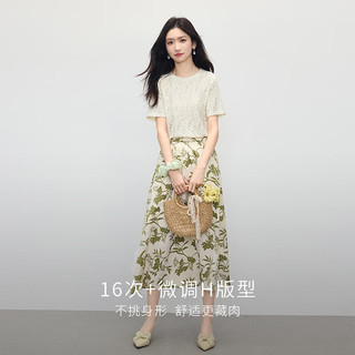 熙世界sllsky白色蕾丝小衫女夏季2025重工镂空圆领正肩短袖T恤上衣 杏白色 2XL