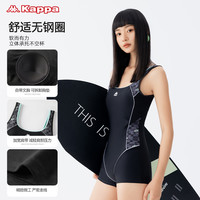 Kappa连体泳衣女款2025女士保守大码专业竞速平角游泳馆 M 黑/字母印花022