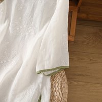 子牧棉麻2025夏装 女文艺刺绣滚边斜襟盘扣中袖上衣中国风复古茶服6723 白色 * L (115-130斤)