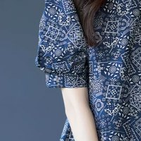 子牧棉麻2025夏装 女韩版圆领泡泡袖印花连衣裙时尚休闲宽松中长裙9210 (建议130-145斤)