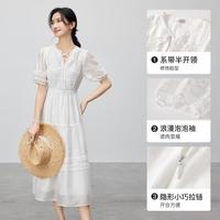 【轻薄连衣裙】夏新时尚泡泡袖花边拼接系带半开领小白裙