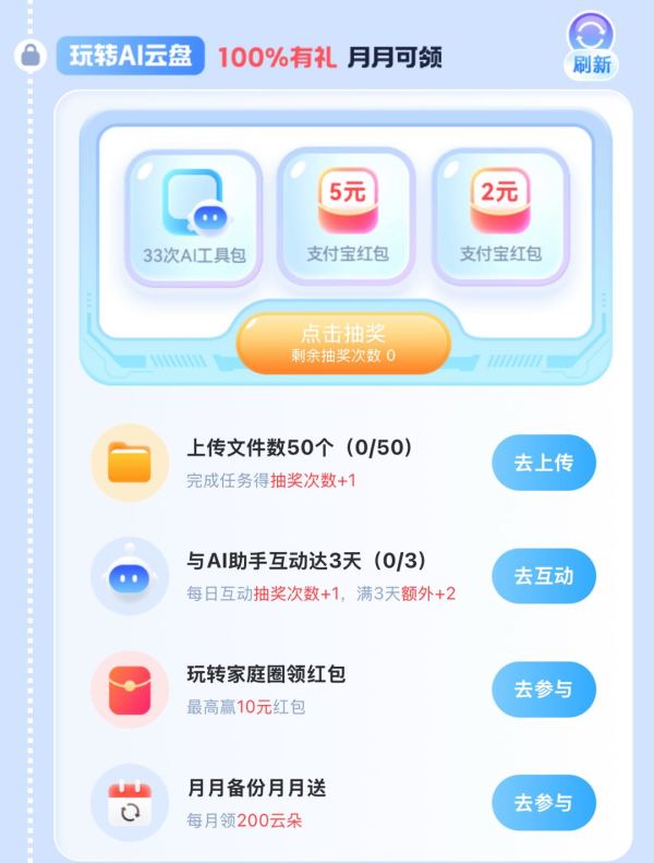 中国移动云盘 AI新启航权益享不停 领30G定向流量/抽奖赢至高5元支付宝红包