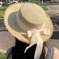 妙奕嘉 平顶草帽女海边帽子洋气沙滩帽织凉帽旅游遮阳防晒帽太阳帽