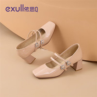 依思 Q（exull）方头高跟鞋女2025春季粗跟增高气质玛丽珍鞋女法式百搭单鞋女 温柔粉 39