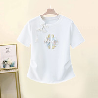 国风短袖上衣女2025夏季高腰九分新中式刺绣牛仔裤T恤两件套 3XL【 140-155斤】
