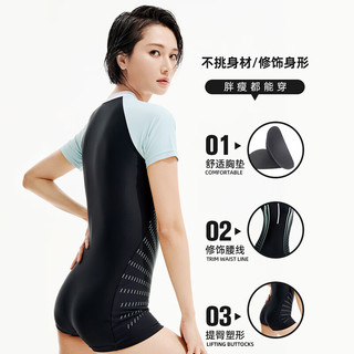 李宁（LI-NING）泳衣女士连体平角式新款游泳衣泡温泉游泳馆显瘦遮肚大码保守泳装 黑绿色 XL
