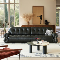 儒黛法式设计师黑糖电动伸缩直推云朵沙发黑色真皮复古风沙发床 【电动翘腿款】2.95米/右电机/可视面真皮/V级加厚头层摔纹皮