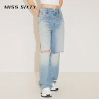 MISS SIXTY牛仔裤复古显瘦百搭女小V腰休闲个性割破洞阔腿长裤子 灰蓝 26