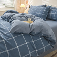 无印良品全棉100%纯棉被套单人150x200单件简约被罩200x230cm被芯套四件套 JX大蓝格【100%全棉 裸睡无忧】 2.0m床单四件套-被套 220cm*240cm