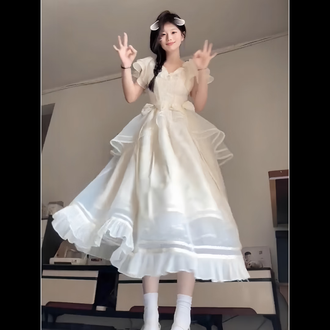 与欣法式气质优雅少女白月光连衣裙子女2025年夏季收腰超仙公主裙 米白色 均码 可备注码数