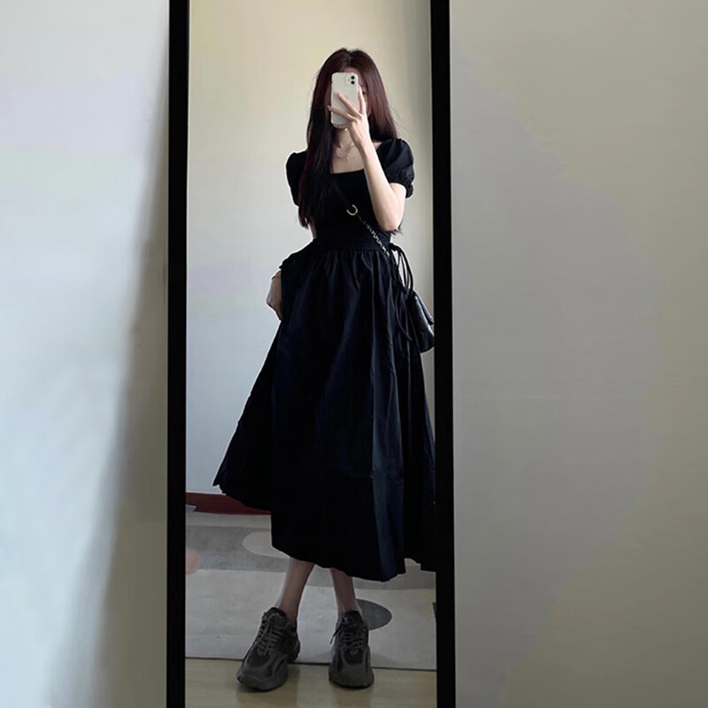 GARNUO法式方领赫本风连衣裙女夏季小个子高级感裙子收腰小黑裙长裙   【106-120斤】