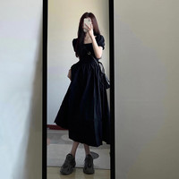 GARNUO法式方领赫本风连衣裙女夏季小个子高级感裙子收腰小黑裙长裙 【106-120斤】