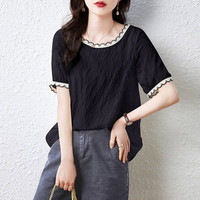 莎妮朵罗大码女装显瘦胖女人夏2025新宽松气质小衫显瘦遮肚子上衣19090 黑色-7天 XL100-120斤穿着