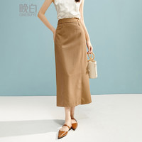 晚白2025年夏款时尚简约气质裙子休闲纯色高腰开叉直筒半身裙