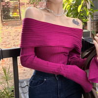格素凡毛衣女针织衫 纯风针织打底衫女秋冬设计感辣妹气质一字肩露肩喇 玫紫色-一字肩开衩软糯 S:建议75-90斤