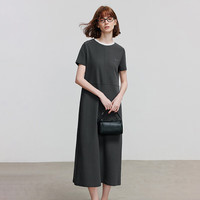 初语T恤裙女2025夏季拼接设计撞色圆领宽松珠地连衣裙 深碳灰 M